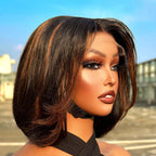QVR Swoopy Layers Trim 5x5 Closure Stacked Bob Wig Brown Highlights Human Hair