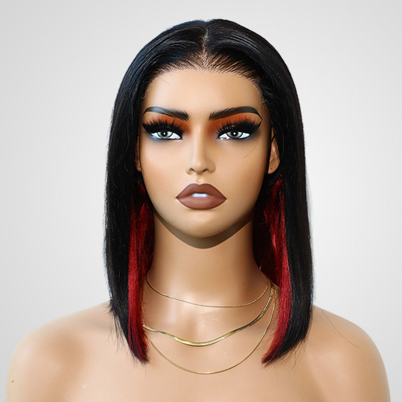 QVR Glueless 13x4 Peekaboo Highlights Red Colored Transparent Lace Human Hair Bob Wigs
