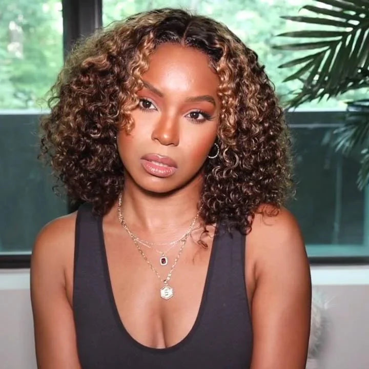 QVR Highlight Deep Curly Bob Human Hair Wigs Ombre Honey Brown 4x4 Lace Closure Wigs