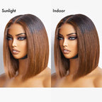 QVR Glueless Straight Ombre Brown Highlight Silky Blunt Cut 5x5 Lace Closure Short Bob Wigs