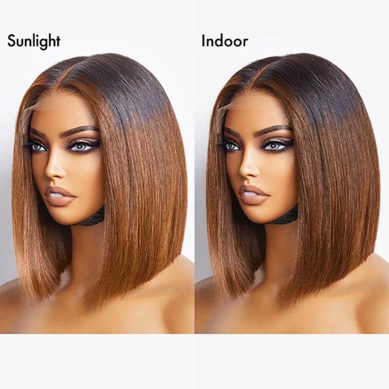 QVR Glueless Straight Ombre Brown Highlight Silky Blunt Cut 5x5 Lace Closure Short Bob Wigs
