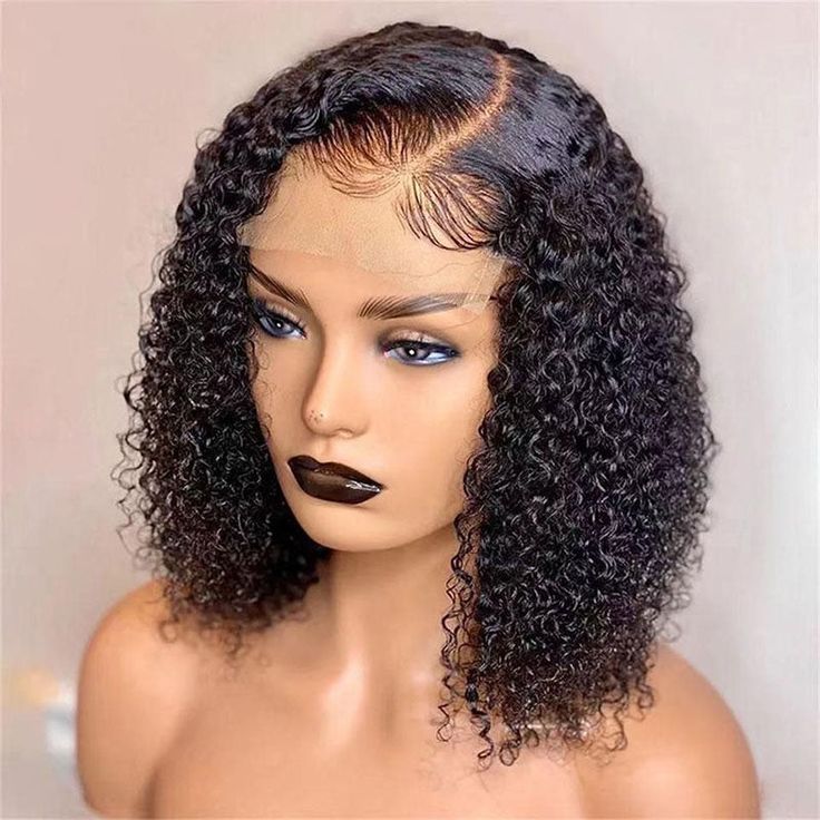 QVR Short Bob Wigs 4x4 Lace Closure Curly Bob Wigs Human Hair Wigs Natural Black