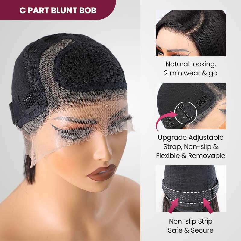 QVR Mature Boss Style Glueless Wide C Lace Bob Wig With Swept Bangs