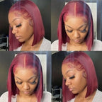 QVR 99J Burgundy Color T Lace Short Bob Wigs Straight Human Hair Wig 180% Lace Front Wigs