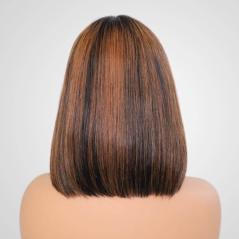 QVR Minimum Lace Highlight Brown Straight Short Bob Wig 1B/30 Layer Cut With Bangs