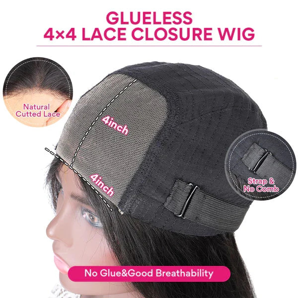 QVR Glueless Pre-cut 4x4 HD Lace Closure Human Hair Wigs Body Wave Wear and Go Wigs