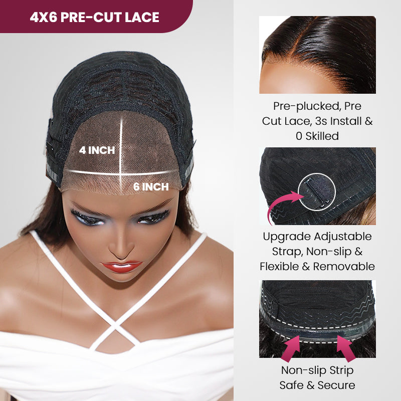 QVR Glueless Pre-cut 4X6 Lace Closure Side Part Wigs Short Bob Curly Mix Brown Human Hair Wigs