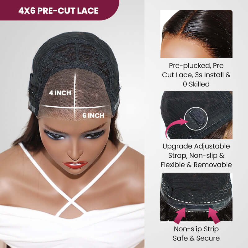 QVR Glueless Reddish Brown 4x6 Pre-cut Lace Closure Water Wave Wigs Wear Go Human Hair Wigs