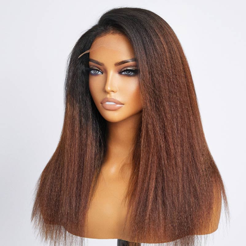 QVR Glueless Curly Edges Kinky Straight 5x5 Lace Closure Human Hair Wigs Black To Brown Ombre Long Wigs