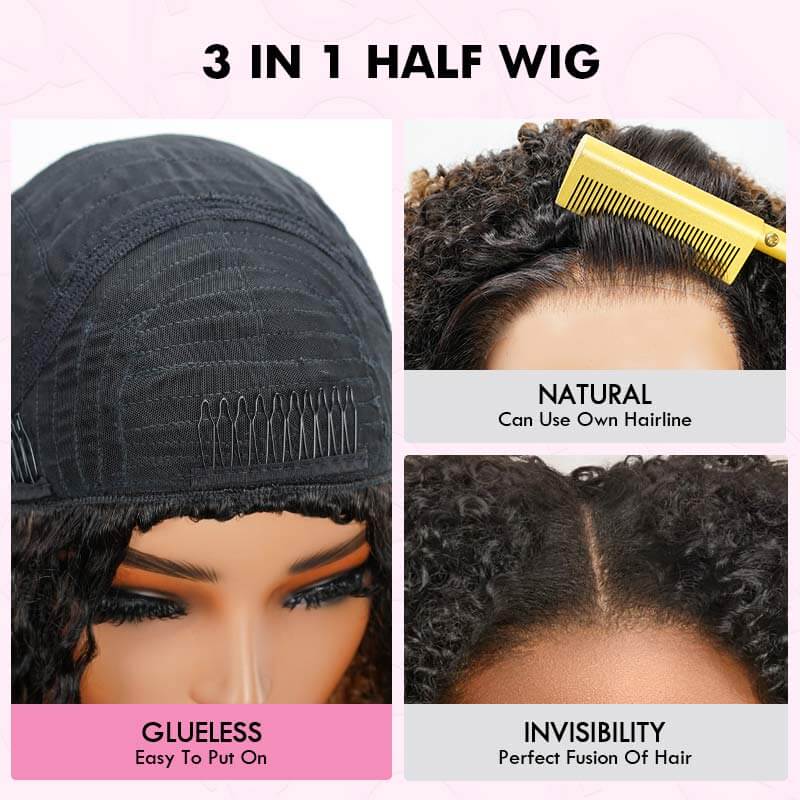 QVR Glueless Blonde Highlight Twist Curly Half Wig 250% Density Human Hair Wig #1B/27 Wear Go Flip Over Wig