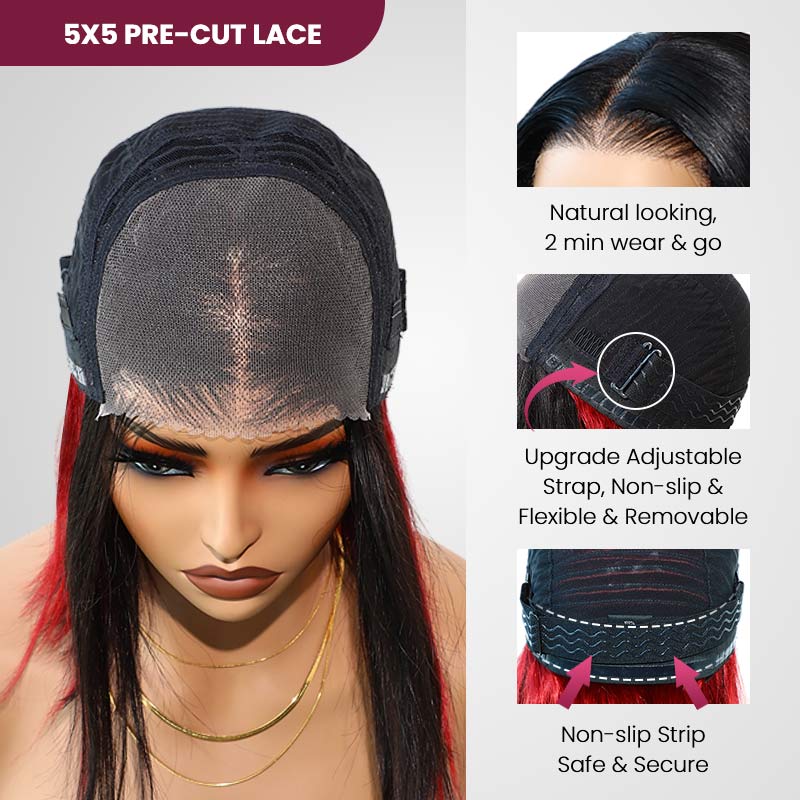 QVR Glueless 13x4 Peekaboo Highlights Red Colored Transparent Lace Human Hair Bob Wigs
