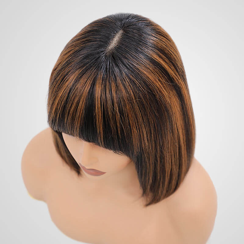 QVR Minimum Lace Highlight Brown Straight Short Bob Wig 1B/30 Layer Cut With Bangs