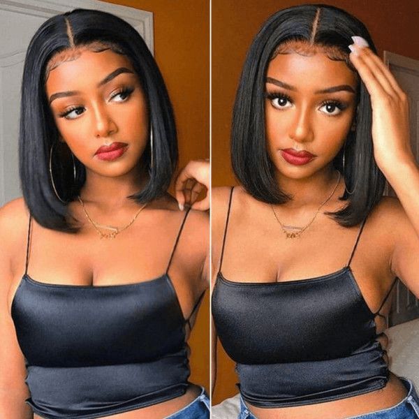 QVR Sliced Cut Straight Short Bob Wig Wide C Lace Natural Black Human Hair Wigs