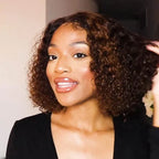 QVR Highlight Deep Curly Bob Human Hair Wigs Ombre Honey Brown 4x4 Lace Closure Wigs