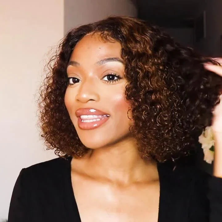 QVR Highlight Deep Curly Bob Human Hair Wigs Ombre Honey Brown 4x4 Lace Closure Wigs