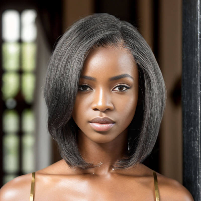 QVR Salt & Pepper Side Part Short Bob Wig Glueless 5X5 Lace Closure Wig