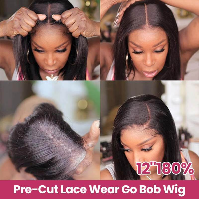 QVR Glueless Pre-cut 4x6 HD Lace Closure Human Hair Short Bob Wigs Straight Wear and Go Wigs