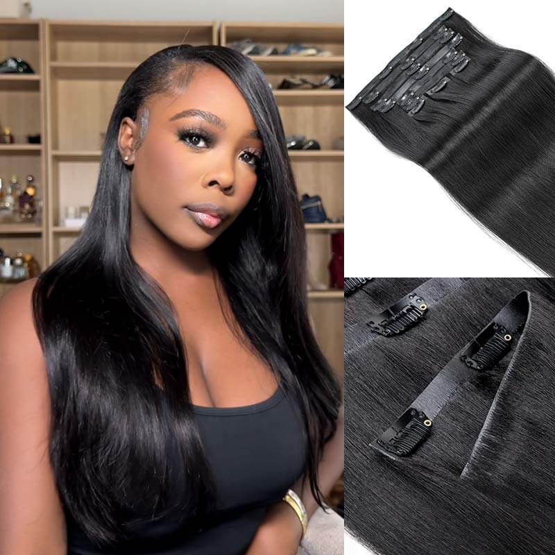 QVR Invisible 9PCS Weft Clip In Hair Extensions 5PCS Volumizer Natural Straight PU Clip In Human Hair
