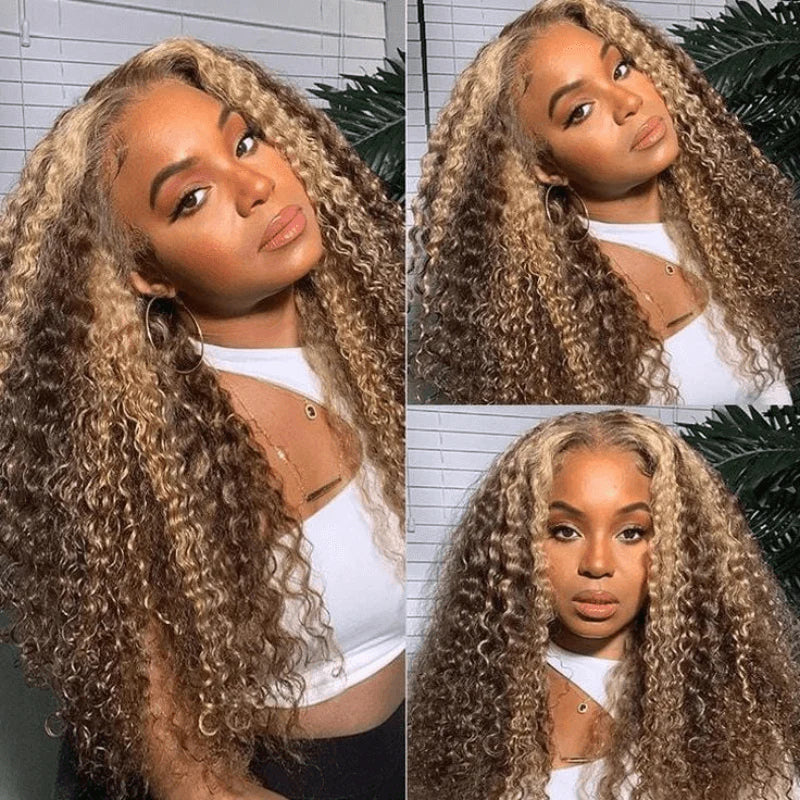 QVR Glueless Pre-cut 4x6 HD Lace Closure Human Hair Wigs Kinky Curly Piano Highlights Color Wear Go Wig