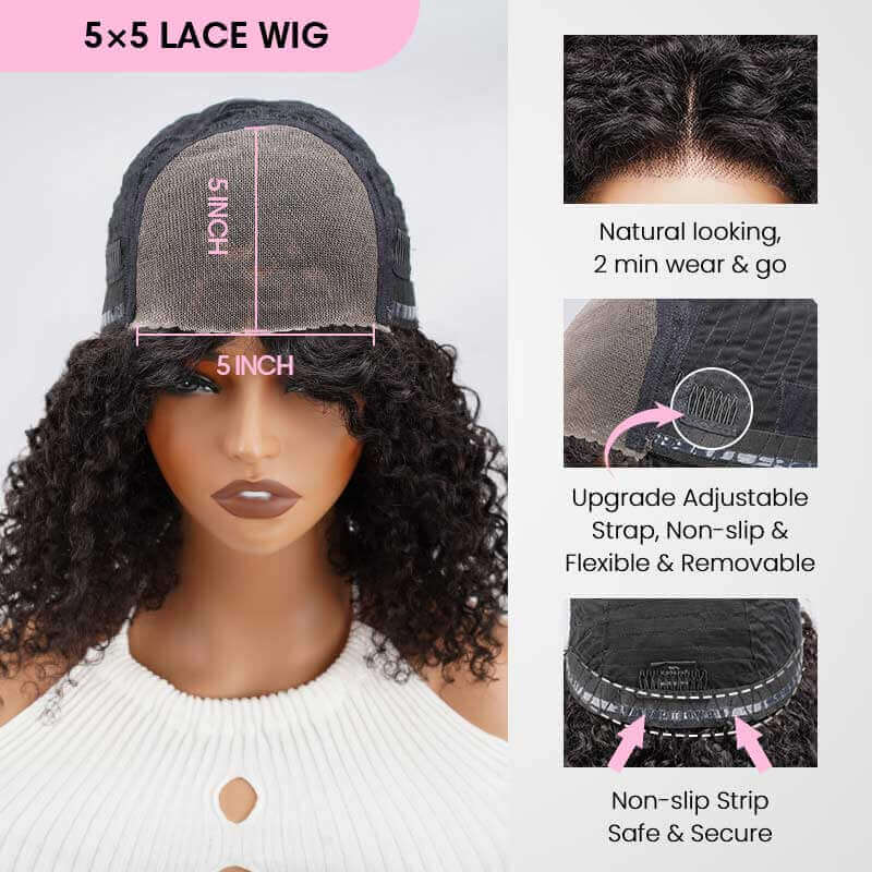 QVR Glueless Kinky Curly 5x5 Lace Closure Wig Ready to Go Soft Short Bob Wigs