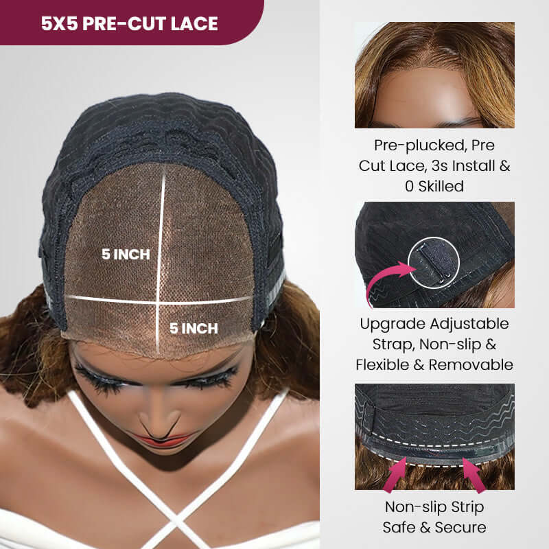 QVR Swoopy Layers Trim 5x5 Closure Stacked Bob Wig Brown Highlights Human Hair