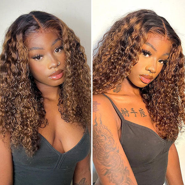 QVR Glueless Pre-cut 4x6 HD Lace Closure Human Hair Wigs Water Wave Piano Highlights Ombre Hair Wear and Go Wigs