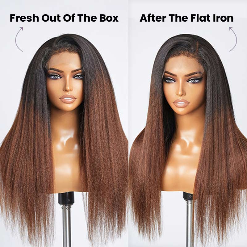 QVR Glueless Curly Edges Kinky Straight 5x5 Lace Closure Human Hair Wigs Black To Brown Ombre Long Wigs