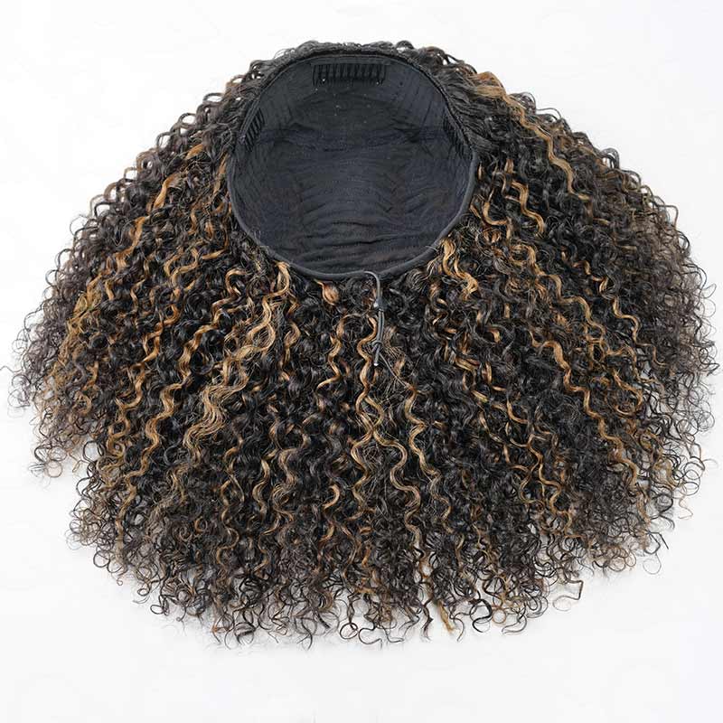QVR Glueless Blonde Highlight Twist Curly Half Wig 250% Density Human Hair Wig #1B/27 Wear Go Flip Over Wig