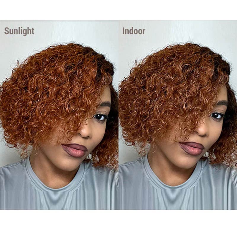 QVR Glueless Pre-cut 4X6 Lace Closure Side Part Wigs Short Bob Curly Mix Brown Human Hair Wigs