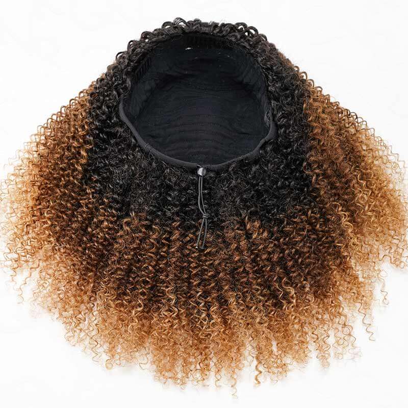 QVR Glueless Ombre Brown Blonde Kinky Curly Half Wig with Black Roots 250% Density Human Hair Wig #T1B/30/27 Wear Go Flip Over Wig