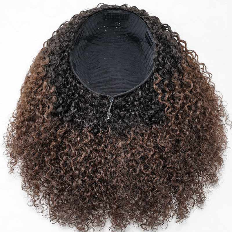 QVR Glueless Dark Brown Twist Curly Half Wig with Black Roots 250% Density Human Hair Wig #T1B/4 Wear Go Flip Over Wig