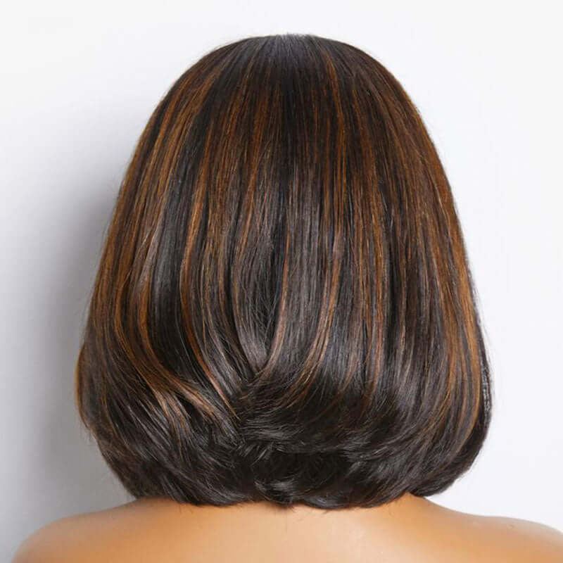 QVR Swoopy Layers Trim 5x5 Closure Stacked Bob Wig Brown Highlights Human Hair