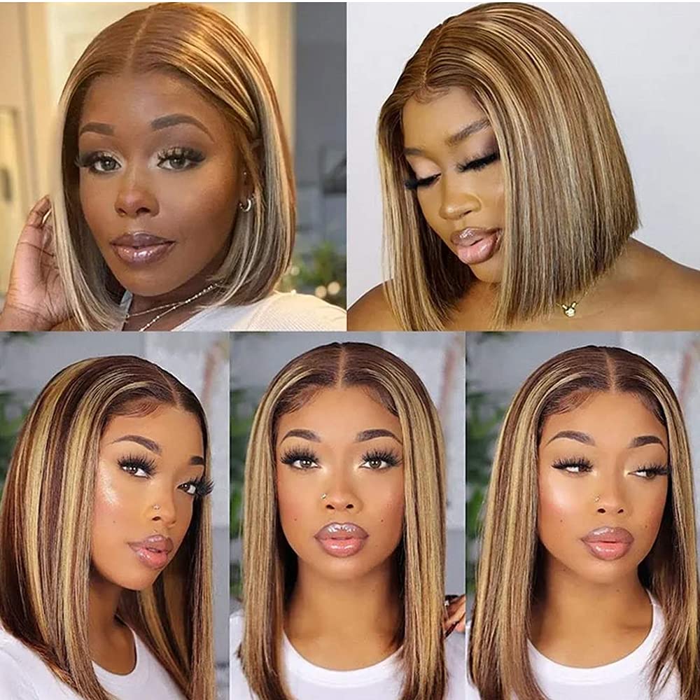 QVR Piano Highlights Color 13x4 4x4 Lace Closure Short Bob Wigs Honey Blonde Straight Human Hair Wig
