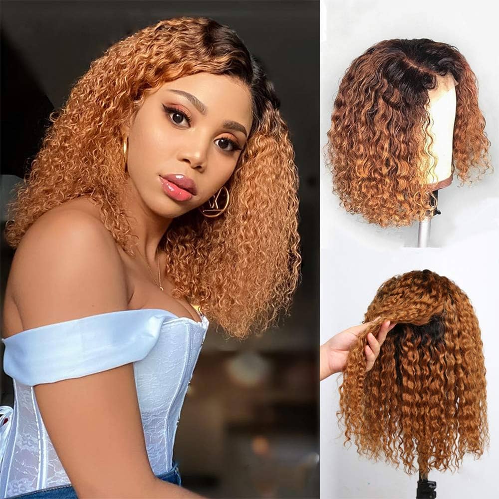 QVR Ombre 1B/30 Curly Brazilian Human Hair Wigs 13x4/4x4 Lace Frontal Short Bob Wig
