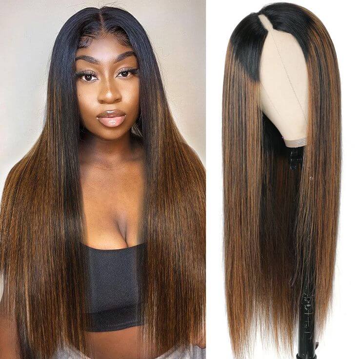 QVR Glueless Straight V Part Wig Balayage Highlights Beginner Friendly Upgrade U Part Wig