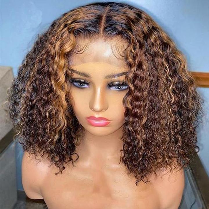 QVR Highlight Deep Curly Bob Human Hair Wigs Ombre Honey Brown 4x4 Lace Closure Wigs