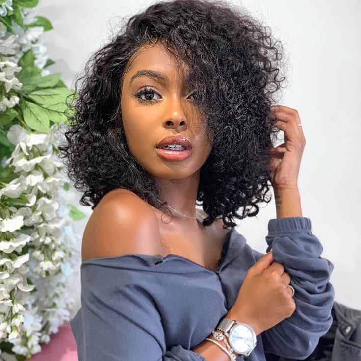 QVR Short Bob Wigs 4x4 Lace Closure Curly Bob Wigs Human Hair Wigs Natural Black