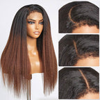 QVR Glueless Curly Edges Kinky Straight 5x5 Lace Closure Human Hair Wigs Black To Brown Ombre Long Wigs
