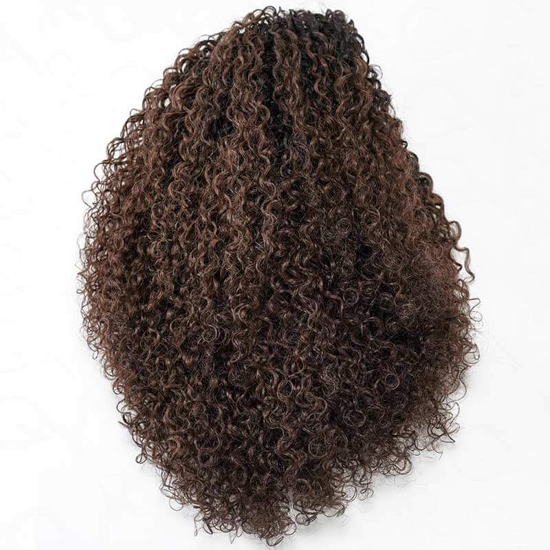 QVR Glueless Dark Brown Twist Curly Half Wig with Black Roots 250% Density Human Hair Wig #T1B/4 Wear Go Flip Over Wig