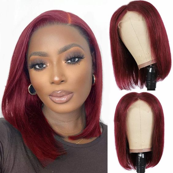 QVR 99J Burgundy Color Hair Short Bob Wigs Straight Human Hair Wigs Short Lace Wigs
