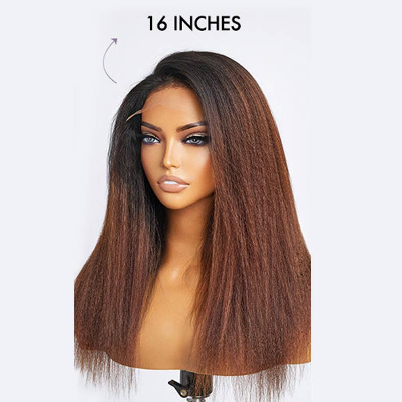 QVR Glueless Curly Edges Kinky Straight 5x5 Lace Closure Human Hair Wigs Black To Brown Ombre Long Wigs