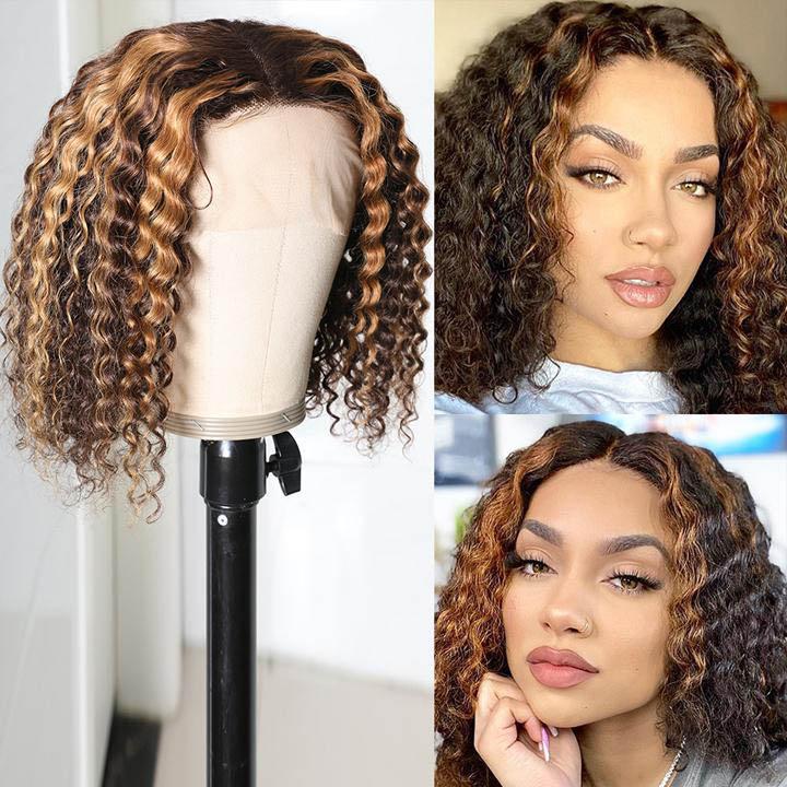 QVR Highlight Deep Curly Bob Human Hair Wigs Ombre Honey Brown 4x4 Lace Closure Wigs