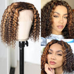 QVR Highlight Deep Curly Bob Human Hair Wigs Ombre Honey Brown 4x4 Lace Closure Wigs