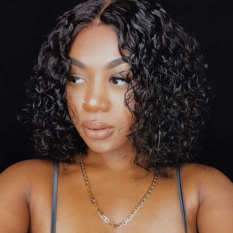 QVR Water Wave Glueless 13x4/4x4 Lace Frontal Short Bob Wigs Natural Black Blend Perfectly Wig