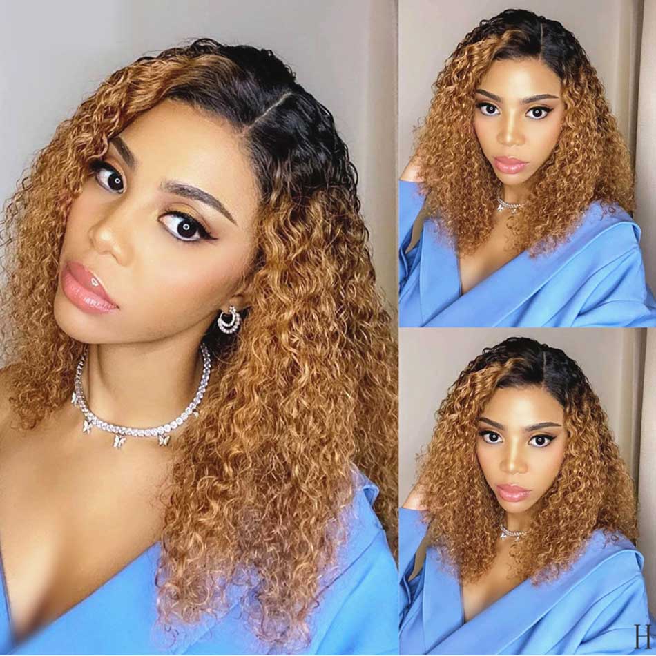 QVR Ombre 1B/30 Curly Brazilian Human Hair Wigs 13x4/4x4 Lace Frontal Short Bob Wig