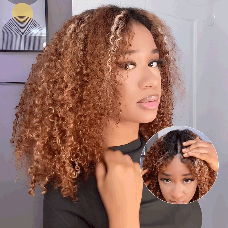 QVR Invisible Lace Edge Kinky Curly V Part Wigs Highlight #1B/30 No Leave Out Human Hair Wig