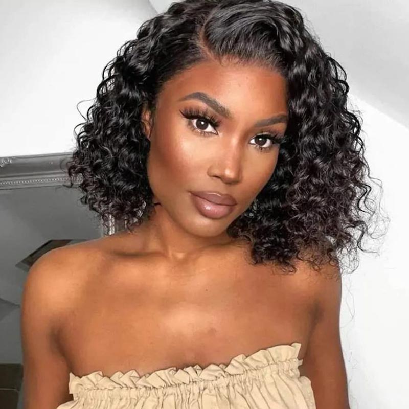 QVR Water Wave Glueless 13x4/4x4 Lace Frontal Short Bob Wigs Natural Black Blend Perfectly Wig