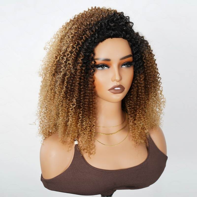 QVR Glueless Ombre Brown Blonde Kinky Curly Half Wig with Black Roots 250% Density Human Hair Wig #T1B/30/27 Wear Go Flip Over Wig