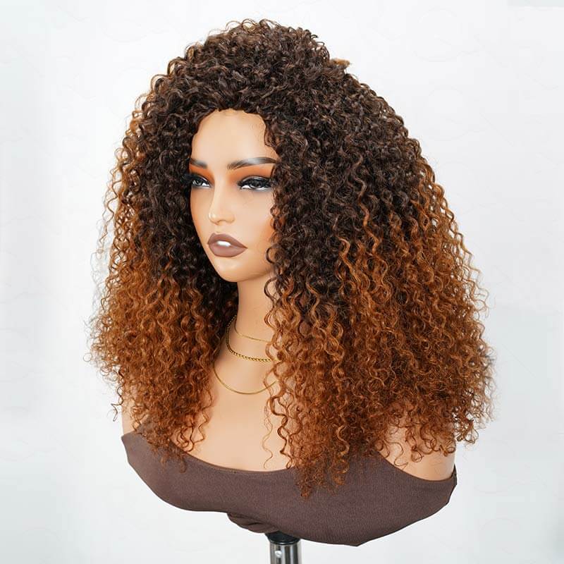 QVR Glueless Ombre Brown Twist Curly Half Wig 250% Density Human Hair Wig #T2/30 Wear Go Flip Over Wig