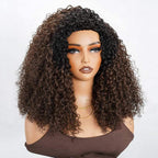 QVR Glueless Dark Brown Twist Curly Half Wig with Black Roots 250% Density Human Hair Wig #T1B/4 Wear Go Flip Over Wig